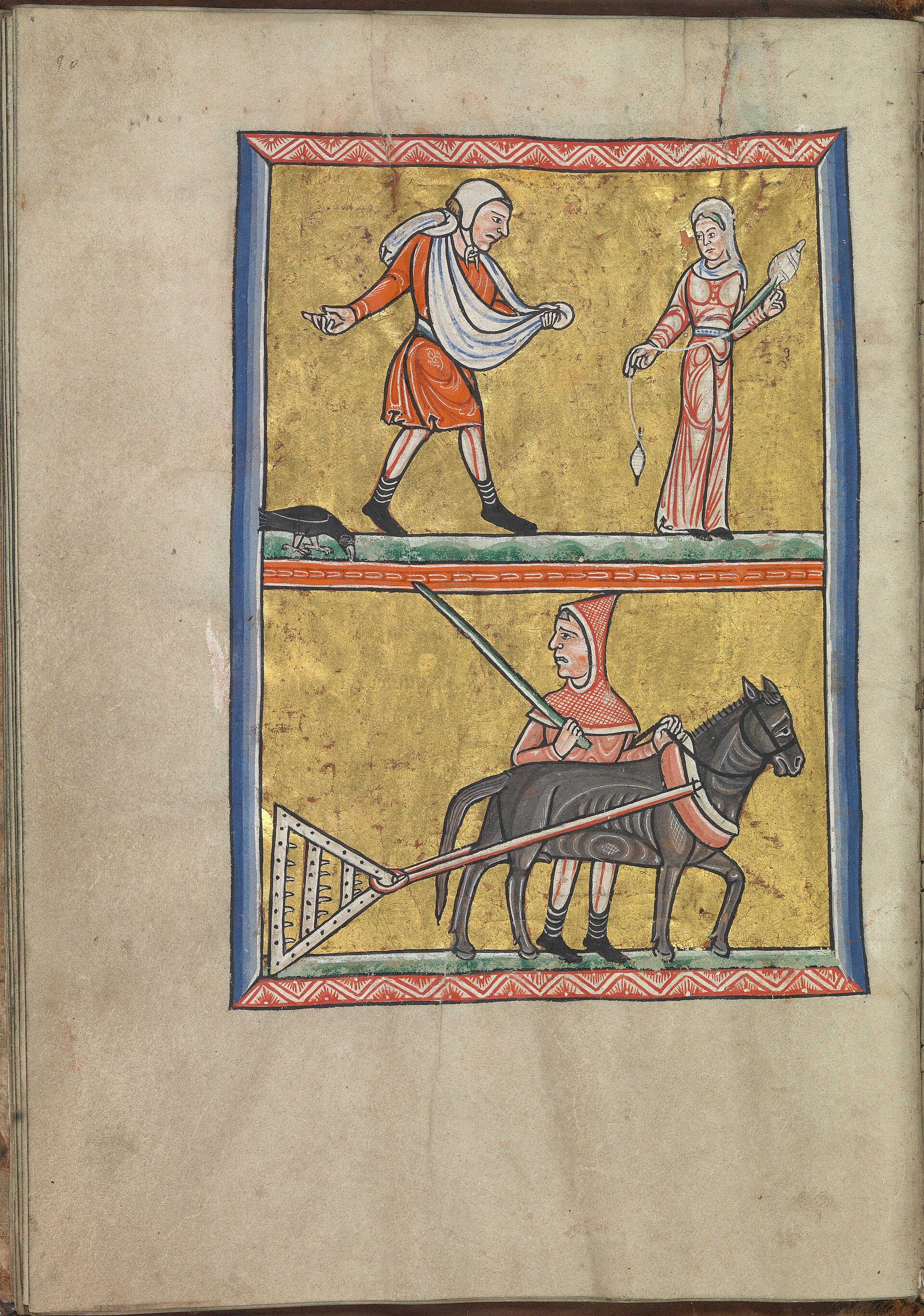 Calendar, October, men sowing and ploughing, a woman spinning - Psalter of Eleanor of Aquitaine (ca. 1185) - KB 76 F 13, folium 010v.jpg
